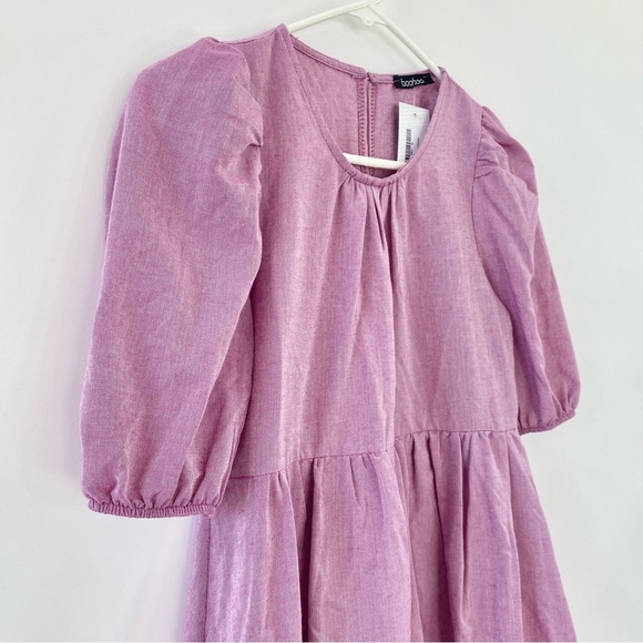 NWT Boohoo Puffball High Waist Mini Smock Dress Petite Purple 0 - Picture 4 of 12